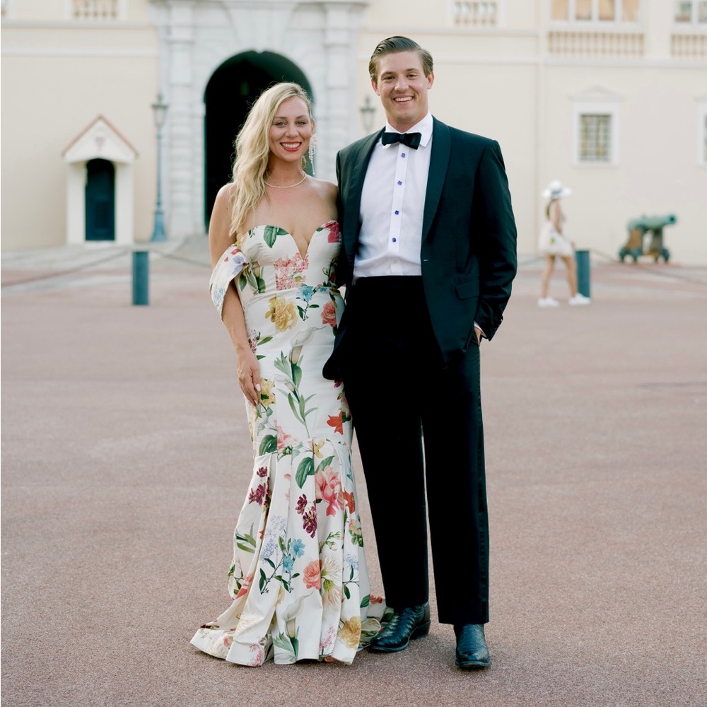 White Floral Gown perfect for a Rehersal Dinner